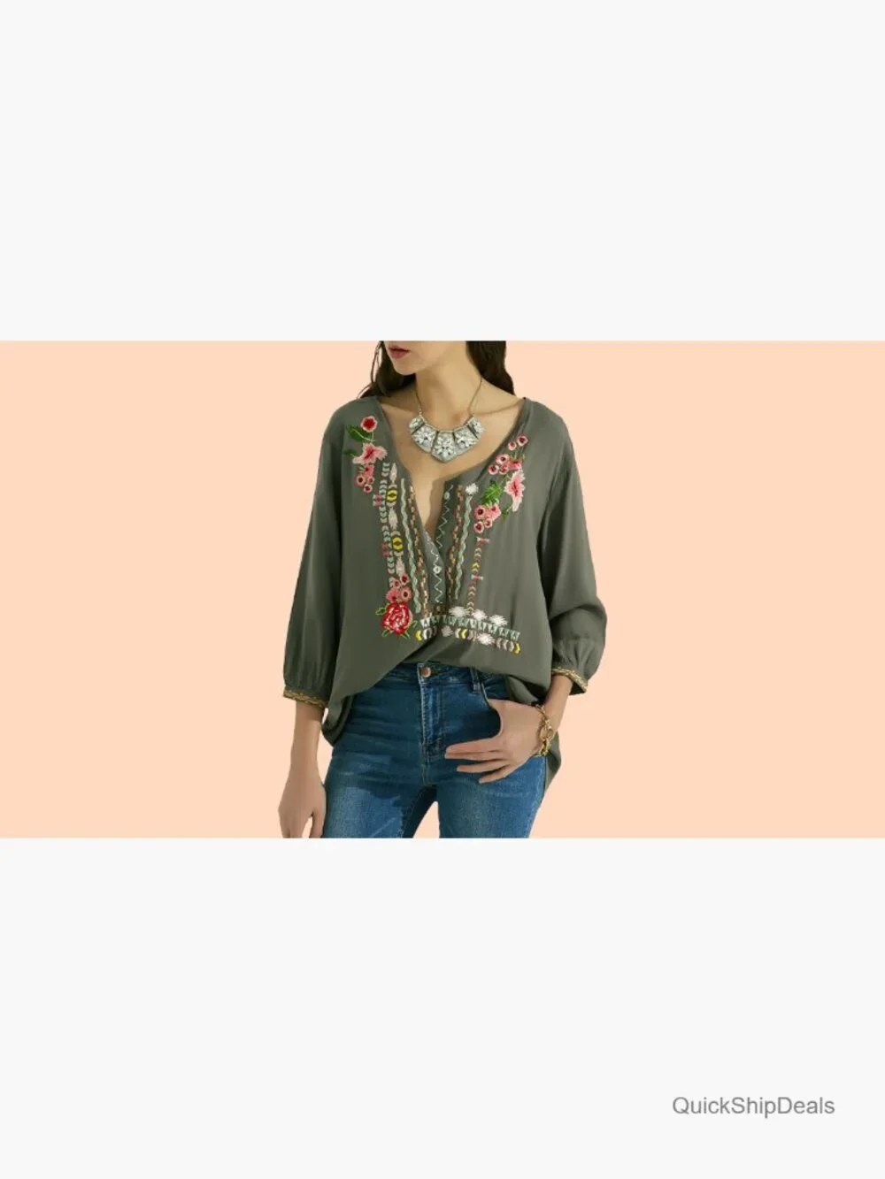 Women's Embroidered Tunic Bohemian Peasant Blouse 3/4 Sleeve Rayon - Picture 7 of 7